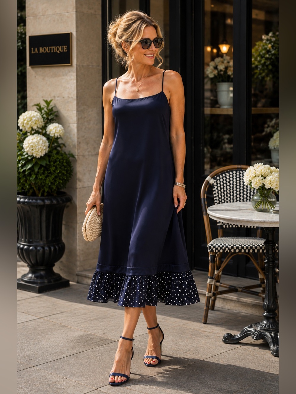 Rickie Freeman for Teri Jon Silk Navy Blue Polka Dot Sleeveless Dress SZ 14